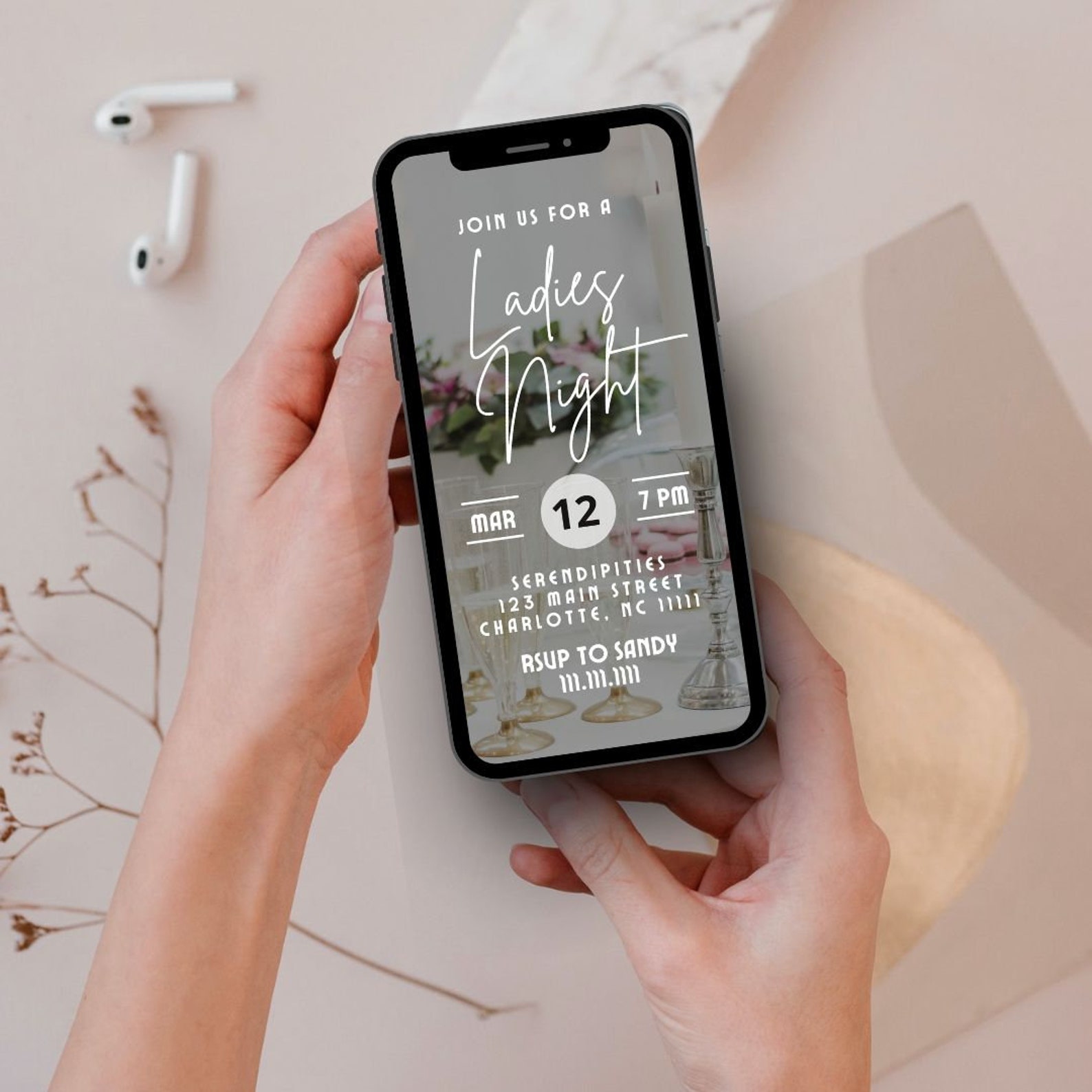 Ladies Night Digital Invitation | Editable Canva Template | Champagne ...