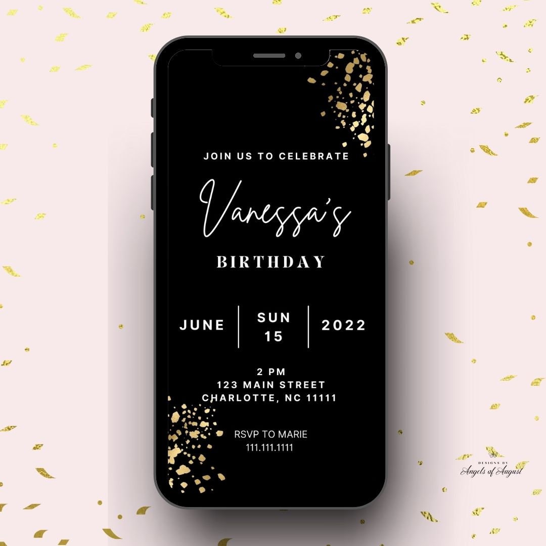Black Gold Birthday Digital Invitation Template Editable Template ...