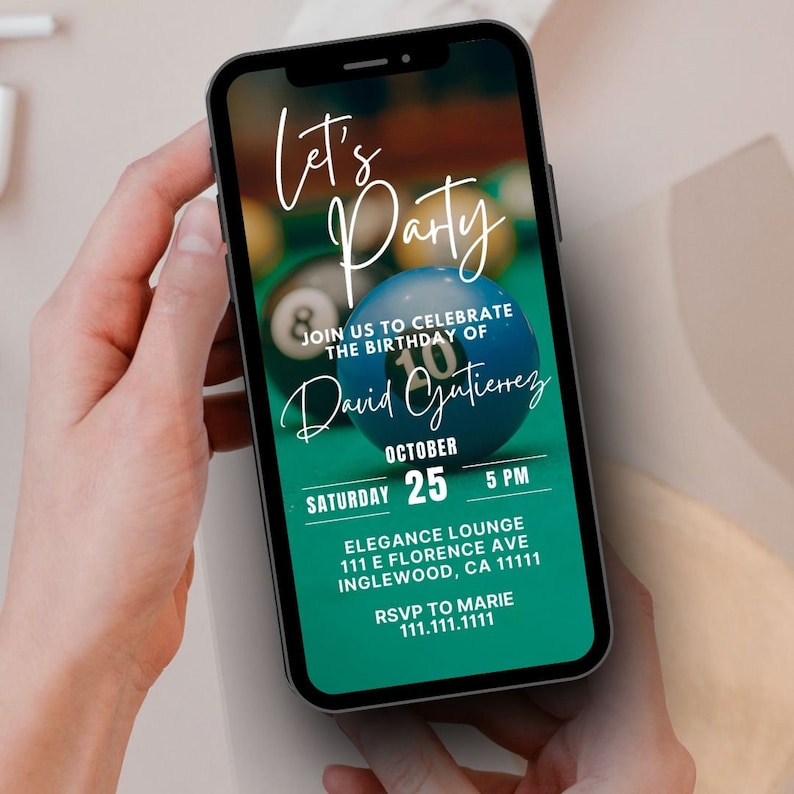 Pool Table Birthday Party Digital Invitation Editable Canva Template