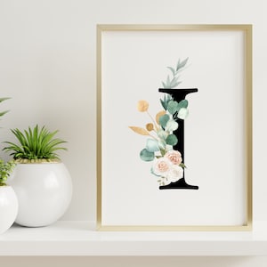 Eucalipto Floral Letra Negra I Impresión / Primera Inicial / Monograma Nursery Decoración de pared / Acuarela Flores / Evento Signo de letra inicial /
