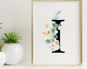 Floral Eucalyptus Black Letter I Print | First Initial | Monogram Nursery Wall Decor | Watercolor Flowers | Event Initial Letter Sign |