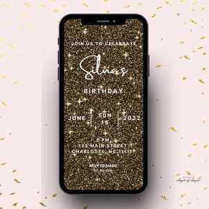 Gold Glitter Video Birthday Invitation Template Editable Sparkly Invitation Instant Download Template Canva Template Birthday for Her