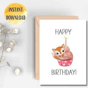 Joyeux anniversaire carte téléchargement instantané Fox carte d’anniversaire téléchargement numérique 5 x 7 4 x 6 carte pliée imprimable carte Cupcake mignon