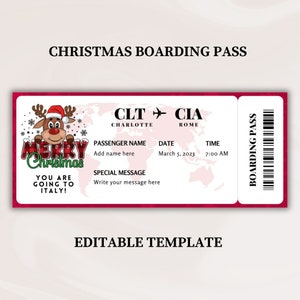 Cartão de Embarque de Natal | Viagem Surpresa | Modelo de cartão de embarque | Passagem aérea editável | Férias surpresa para impressão | Viagens de Natal |