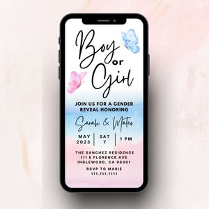 Boy Or Girl Gender Reveal Digital Invitation | Canva Template | Pink or Blue Invite | Watercolor Invitation | He Or She Reveal Party Evite
