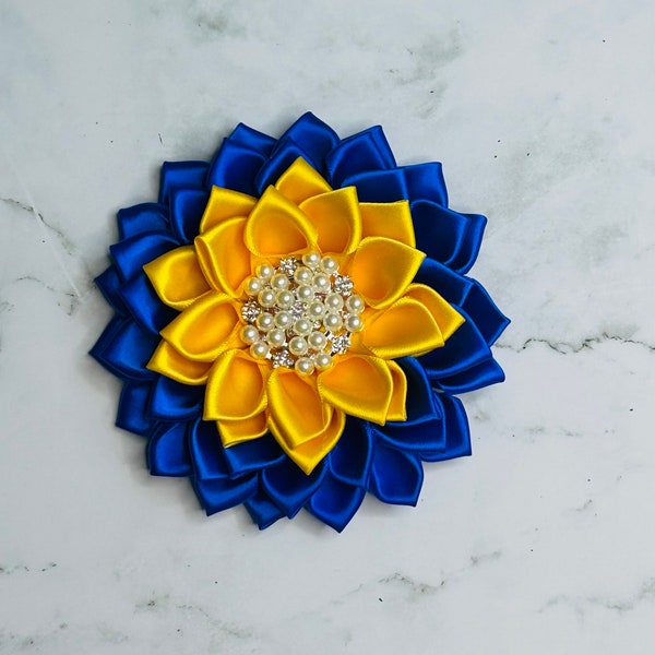 Blue and Gold Custom Brooch -  Lapel Brooch - Sorority - Corsage  - All Blue Brooch  - Blue and Gold Sorority flower