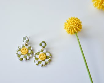 Checkered Smileys | Hoop Earrings | Polymer Clay Earrings | Statement Earrings | Summer