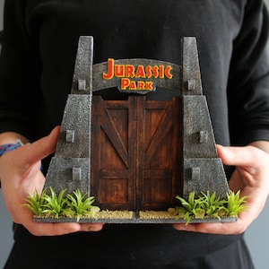 Jurassic Park Gate Handcrafted Miniature Replica | Dinosaur | Prehistoric | 3 Dimensional Art | Scale Model Replica | Shadow Box Framed Art