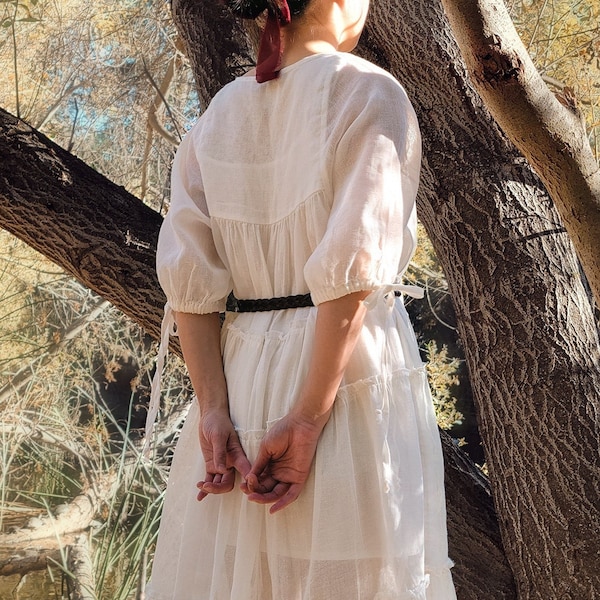 Milkmaid Dress, Sheer Ramie Puff Sleeve Chemise, Tiered Ruffle