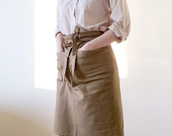 Light Brown Linen Waist Apron with pockets - Half Aprons for Men & Women - Kitchen, Cooking, Waitress, Barista, Florist