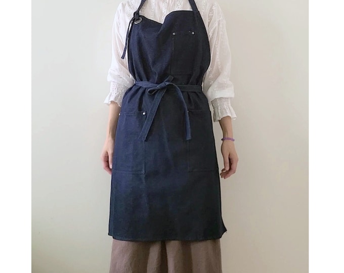 Denim Apron With 3 Pockets Unisex Barista, Craft, Florist, Kitchen