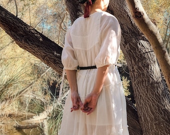 Ramie Milkmaid Dress - Puff Sleeve Sheer Peasant Dress, Chemise style Underdress, Natural White