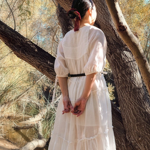 Ramie Milkmaid Dress - Puff Sleeve Sheer Peasant Dress, Chemise style Underdress, Natural White