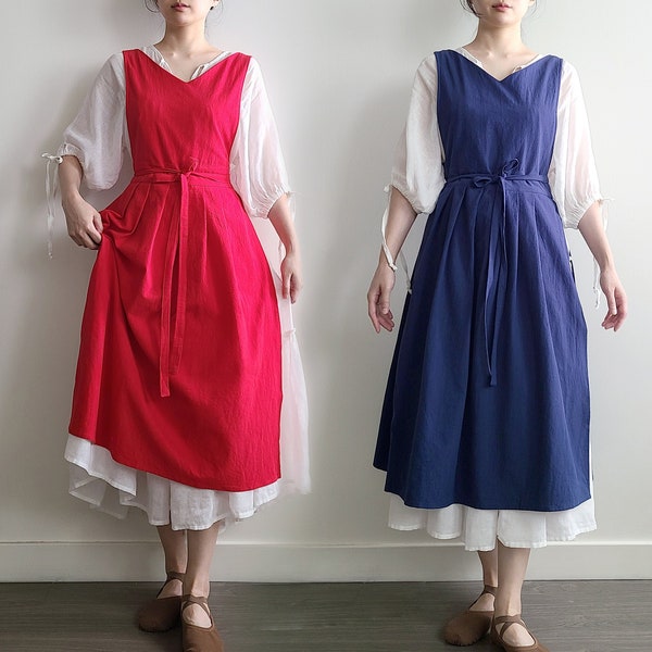 Robe tablier chasuble, tabliers style cottage vintage pour femme, S - grande taille, rouge, bleu marine