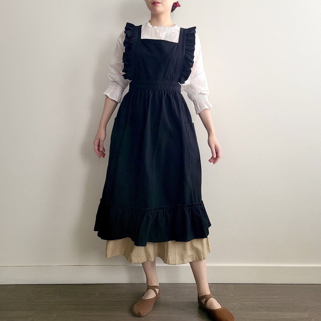 Black Ruffle Apron Dress Cottagecore Maid Apron With Pockets Etsy