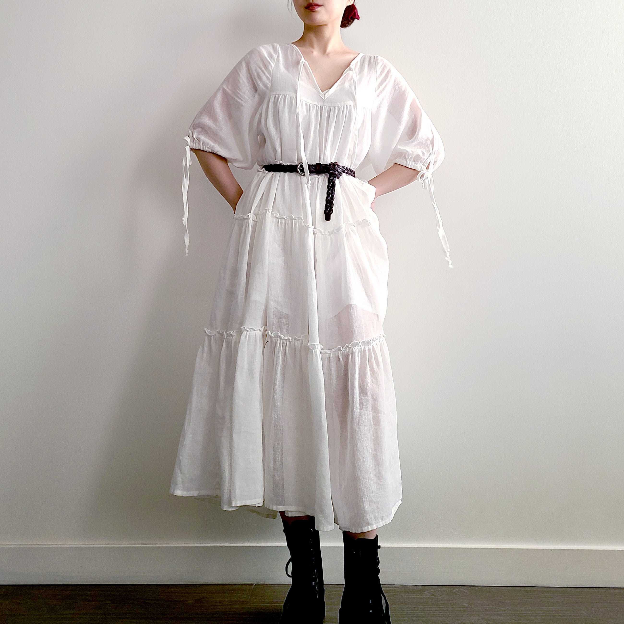 Ramie Milkmaid Dress Puff Sleeve Sheer Peasant Dress, Chemise Style  Underdress, Natural White 