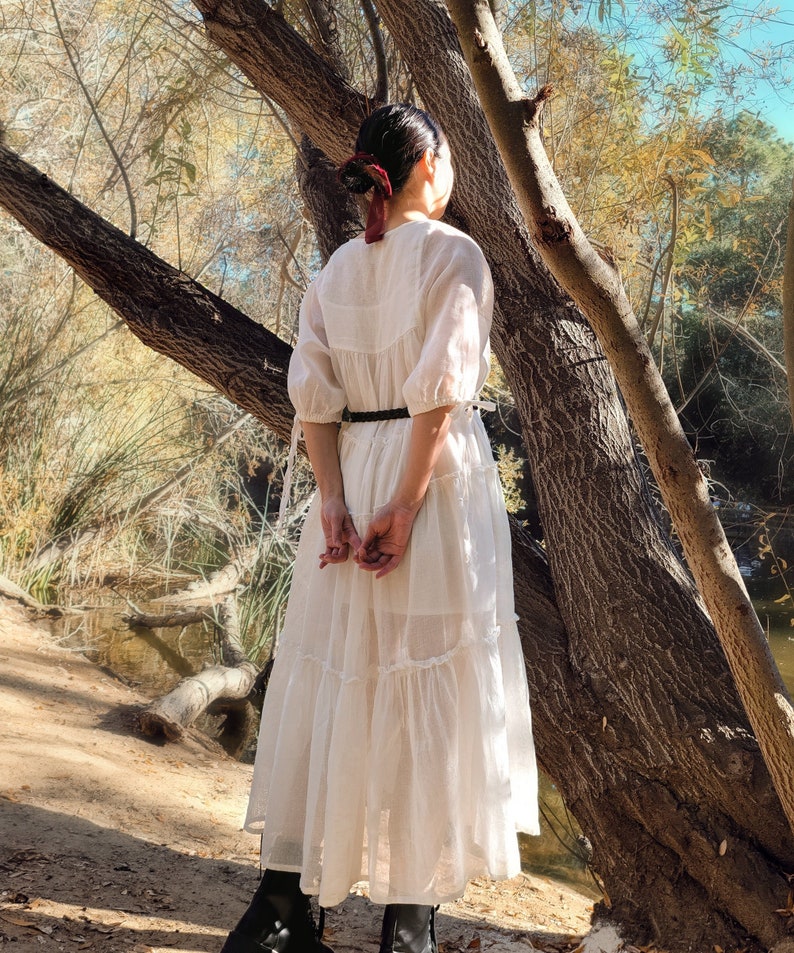Ramie Milkmaid Dress Puff Sleeve Sheer Peasant Dress, Chemise style Underdress, Natural White image 1