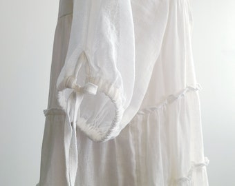 Ramie Milkmaid Dress Puff Sleeve Sheer Peasant Dress, Chemise Style  Underdress, Natural White 