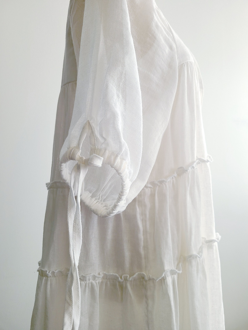 Ramie Milkmaid Dress Puff Sleeve Sheer Peasant Dress, Chemise style Underdress, Natural White image 7