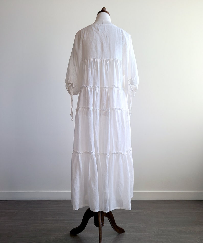Ramie Milkmaid Dress Puff Sleeve Sheer Peasant Dress, Chemise style Underdress, Natural White image 5