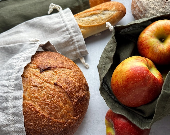 Linen Bread Bag: Reusable Pouch for Sourdough, Baguette, Artisan Loaf Storage