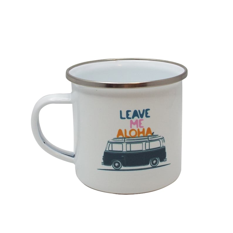 May include: White enamel mug with a silver rim. The mug has a graphic of a vintage van with a surfboard on top and the text "Leave Me Aloha" in colorful letters.