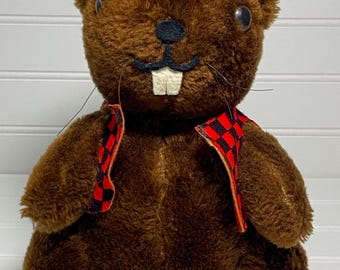 Vintage R. Dakin Plush 1975 10" Brown Beaver Stuffed Toy Red/Black Hat Vest