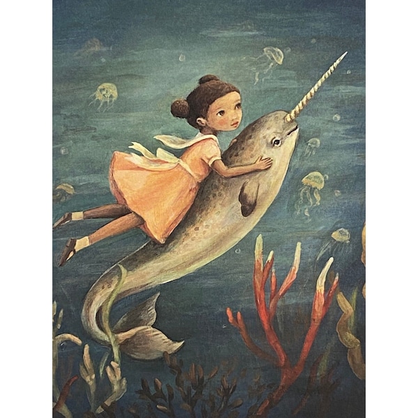 Narwhal Picture Nursery Art Print Picture Girl on Narwhal Emily Winfield Martin Dream Animals 8x10 Fairy Tale Illustration