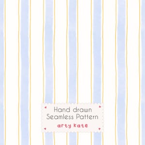 May include: A hand-drawn seamless pattern featuring vertical stripes in white, light blue, and thin gold lines. The text "Hand drawn Seamless Pattern arty kate" is displayed on a white, scalloped-edge rectangle.