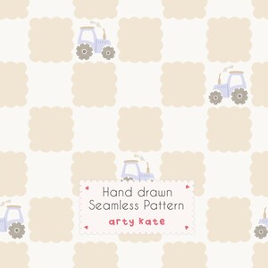 Tractor Wavy Checkered Seamless Pattern, Kids Farm Minimal Nursery Design, Digital Download
