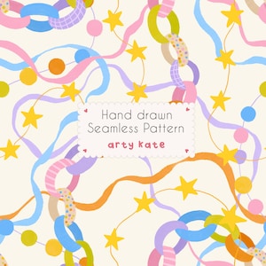 May include: A seamless pattern featuring hand-drawn colorful paper chains, wavy lines, and yellow stars on a cream background. A central white scalloped label contains the text Hand drawn Seamless Pattern and the name arty kate.