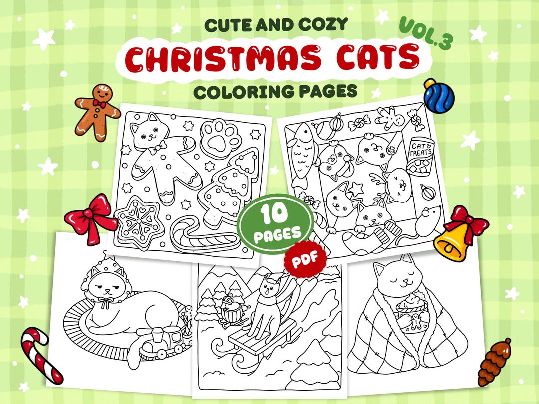 Christmas Cats Coloring Pages: Winter Holiday Activity (digital ...