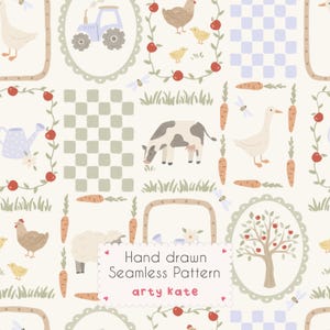 Puede incluir: Un patrón sin costuras con animales y elementos de granja. El diseño incluye una vaca, una oveja, gallinas, un ganso, zanahorias y un tractor. El texto "Hand drawn Seamless Pattern arty kate" también está incluido.