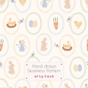 Puede incluir: Un patrón sin costuras con ilustraciones dibujadas a mano con temática de Pascua. El diseño incluye conejos, pollitos, huevos, zanahorias, regaderas y abejas, todo enmarcados dentro de bordes ovalados. La paleta de colores es suave, con tonos pastel.