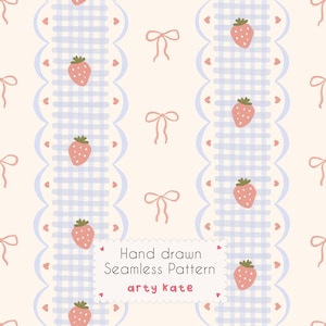 Strawberry Gingham Pink and Blue Seamless Pattern with Bows and Hearts, Digital Download