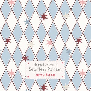 Pastel Argyle Seamless Pattern, Whimsical Diamond Print, Blue Preppy Star Paper, Circus-Inspired Hand-Drawn Background (Digital Download)