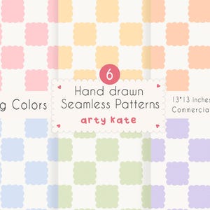 May include: A digital art print featuring six seamless patterns in pastel colors. Each pattern has a checkerboard design with scalloped squares. The text reads "Spring Colors", "Hand drawn Seamless Patterns", and "arty kate". The patterns are 13x13 inches.