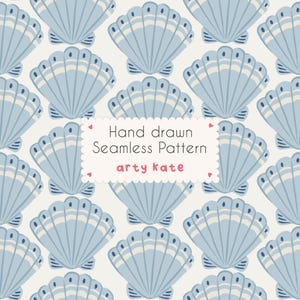 May include: A seamless pattern featuring light blue seashell illustrations on a cream background. The seashells have a detailed design with a fan-like structure and small dark blue dots. The text "Hand drawn Seamless Pattern arty kate" is in a white frame.