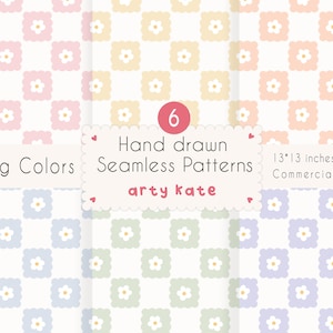 May include: Six hand-drawn seamless patterns in pastel shades. Each pattern shows a grid of square blocks with a scalloped edge, each with a small white flower. The image also includes the text "Spring Colors" and "Hand drawn Seamless Patterns".