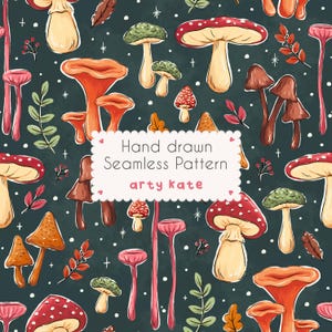Woodland Mushroom Pattern, Magical Hand-Drawn Forest Seamless Print, Whimsical Cottagecore Botanical Design (Digital Download)