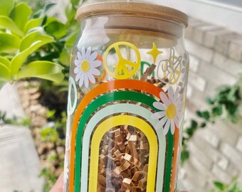 Peace & Rainbows Glass Cup | Beer Can Glass Cup Hippie | Peace Flowers Rainbow Glass Cup