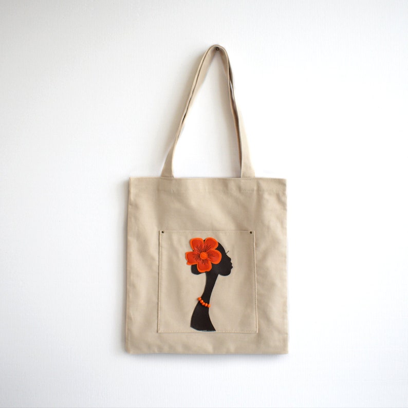 African lady cotton tote bag Birthday unique gift Neutral color medium shoulder bag
