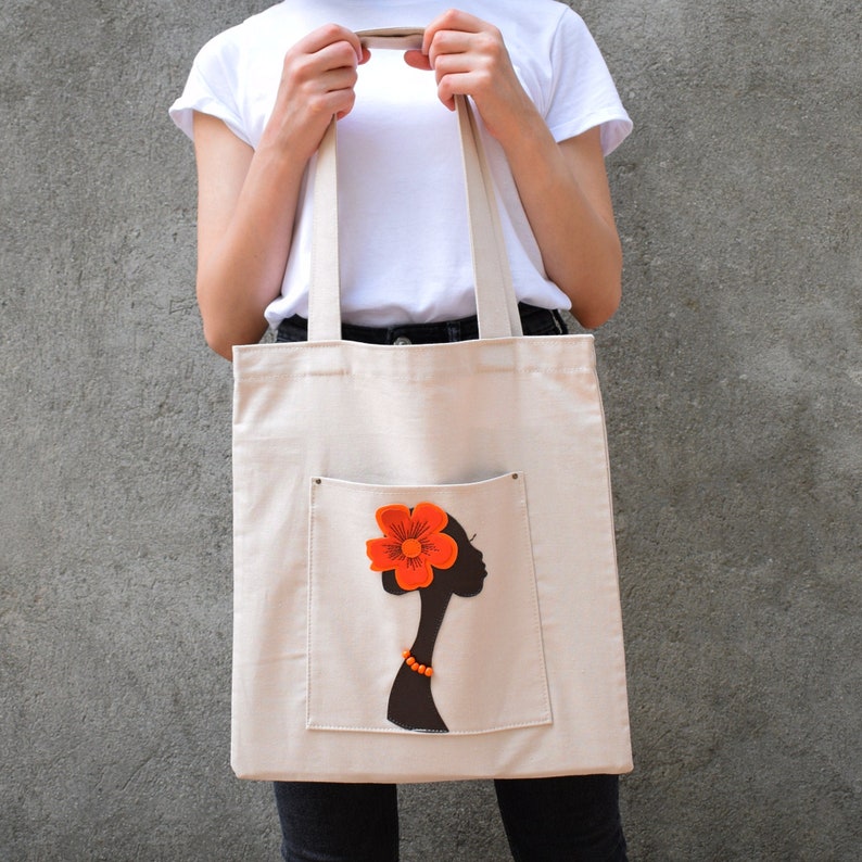 African lady cotton tote bag Birthday unique gift Neutral color medium shoulder bag