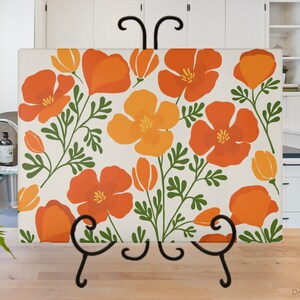 Glass Cutting Board with California Poppy Art, Heat Resistant Tempered Glass Cutting Board in 8x11, 11x15, Mother&#39;s Day and Birthday Gift