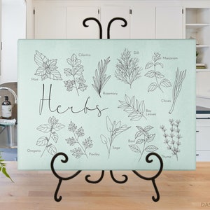 Glass Cutting Board with Herbs, Herb Plant Name, Tempered Glass, Housewarming Gift, Wedding Gift, Gifts for Her, Kitchen Accessories