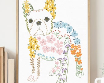 French Bulldog Wildflowers Print | Pressed Flower Style Dog Portrait Print For Dog and Flower Lovers | 5x7 8x10 11x14 16x20 18x24 24x36