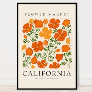 California Poppy Flower Market Art Print, California Poppy Wall Art, California Gift, California State Flower Artwork, Botanical Poster