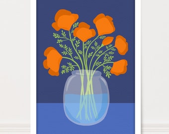 California Poppy Print | Orange Blue California State Flower Wall Art | Flower Market Print Poster | 5x7, 8x10, 11x14, 16x20, 18x24, 24x36