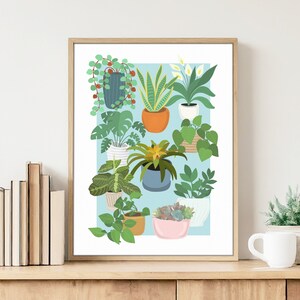 Può includere: Un'illustrazione digitale di una collezione di piante in vaso di diverse forme e dimensioni. Le piante sono rappresentate in una varietà di tonalità di verde, con alcuni accenti marroni, arancioni e rosa. Le piante sono disposte in una griglia su uno sfondo blu chiaro.
