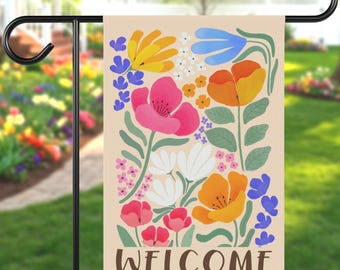 Floral Welcome Garden Flag and House Flag | Botanical Matisse Garden Decor | Outdoor Yard Art | Boho Spring Garden Art | Welcome Sign Gift
